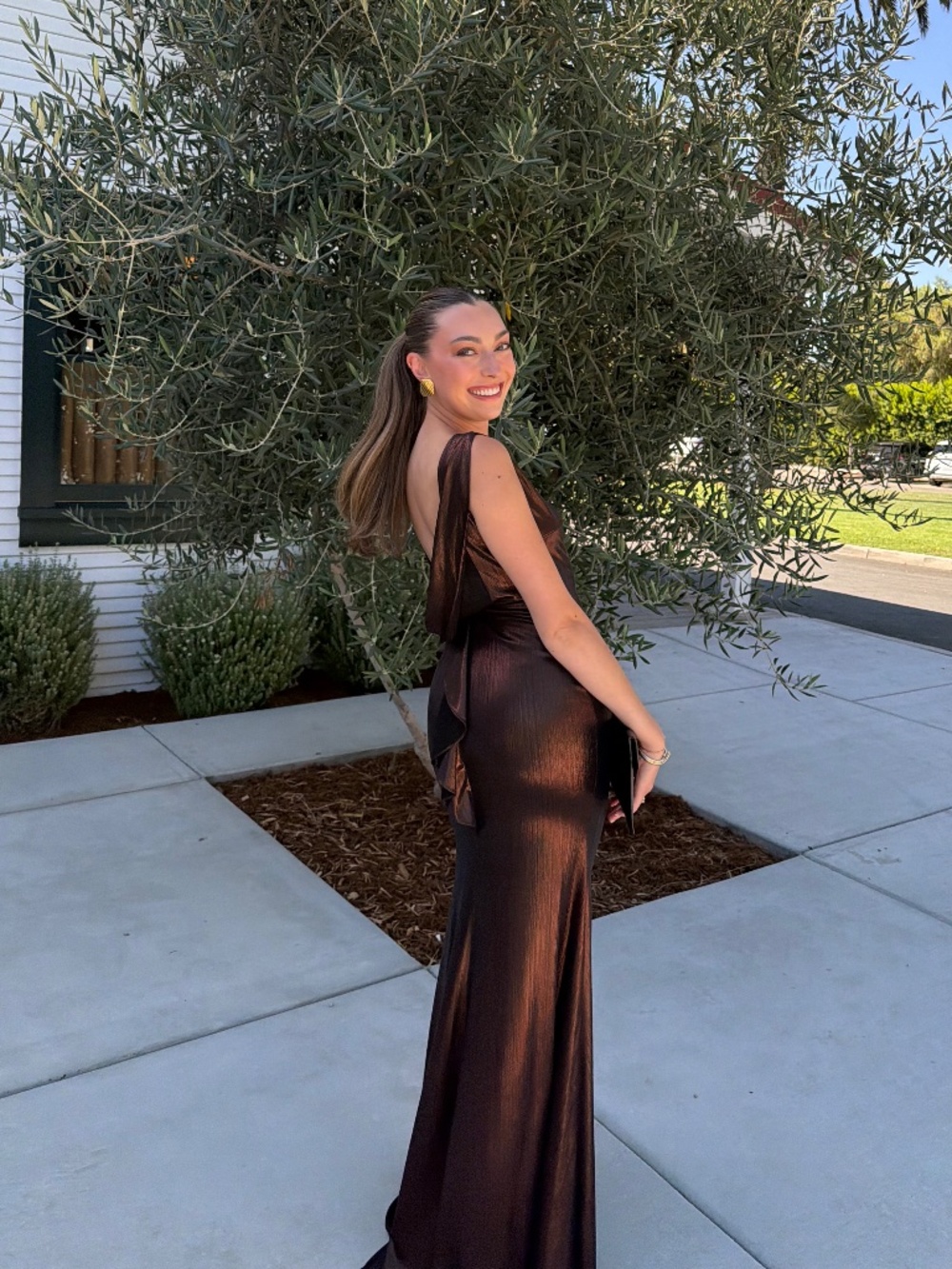 Espresso Metallic Jersey Cowl Back Column Gown